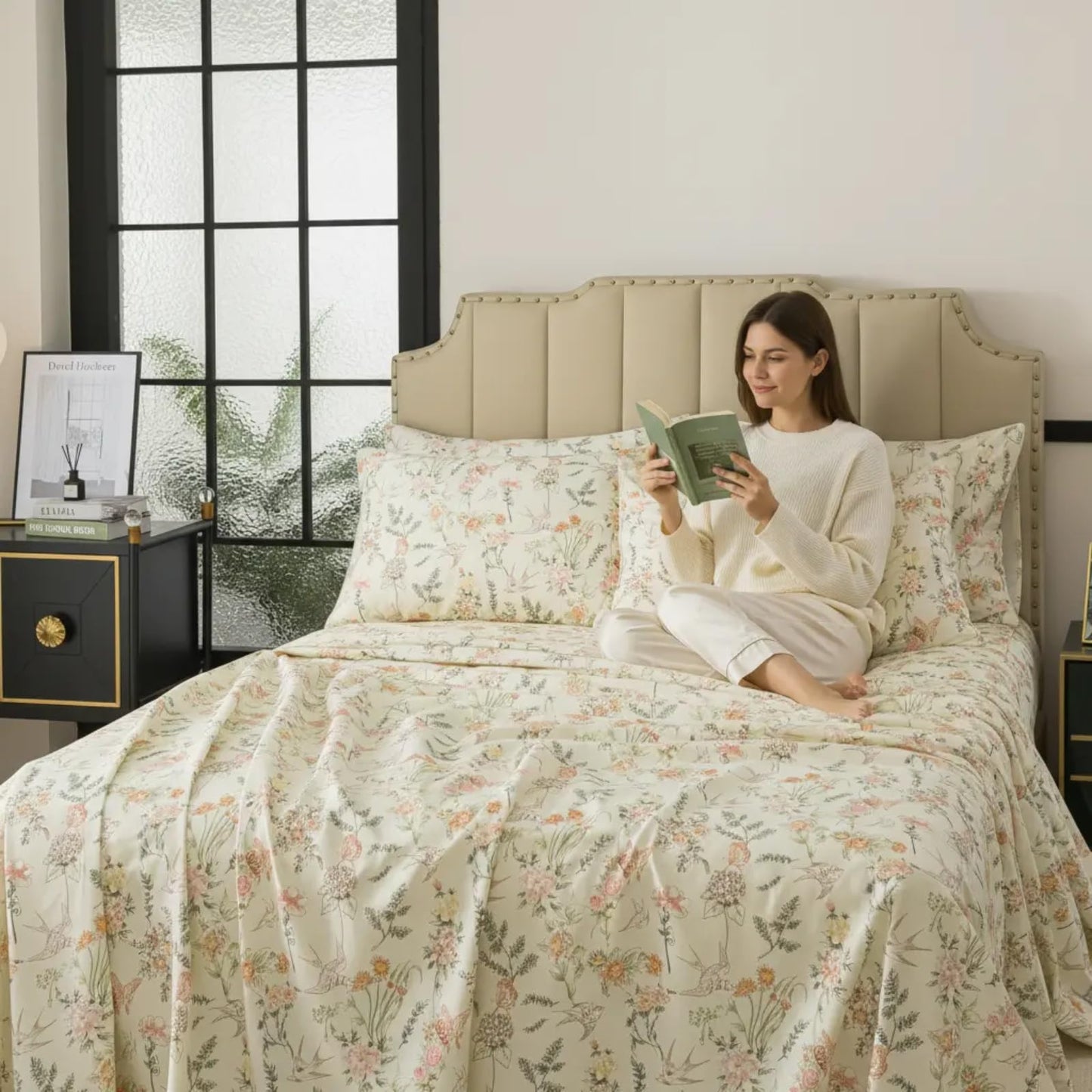 FADFAY Queen Size Sheets Set – 4 Pieces 100% Cotton Deep Pocket Fitted Sheet, Crisp, Breathable & Soft, Country Style Floral & Butterfly Pattern for All Seasons