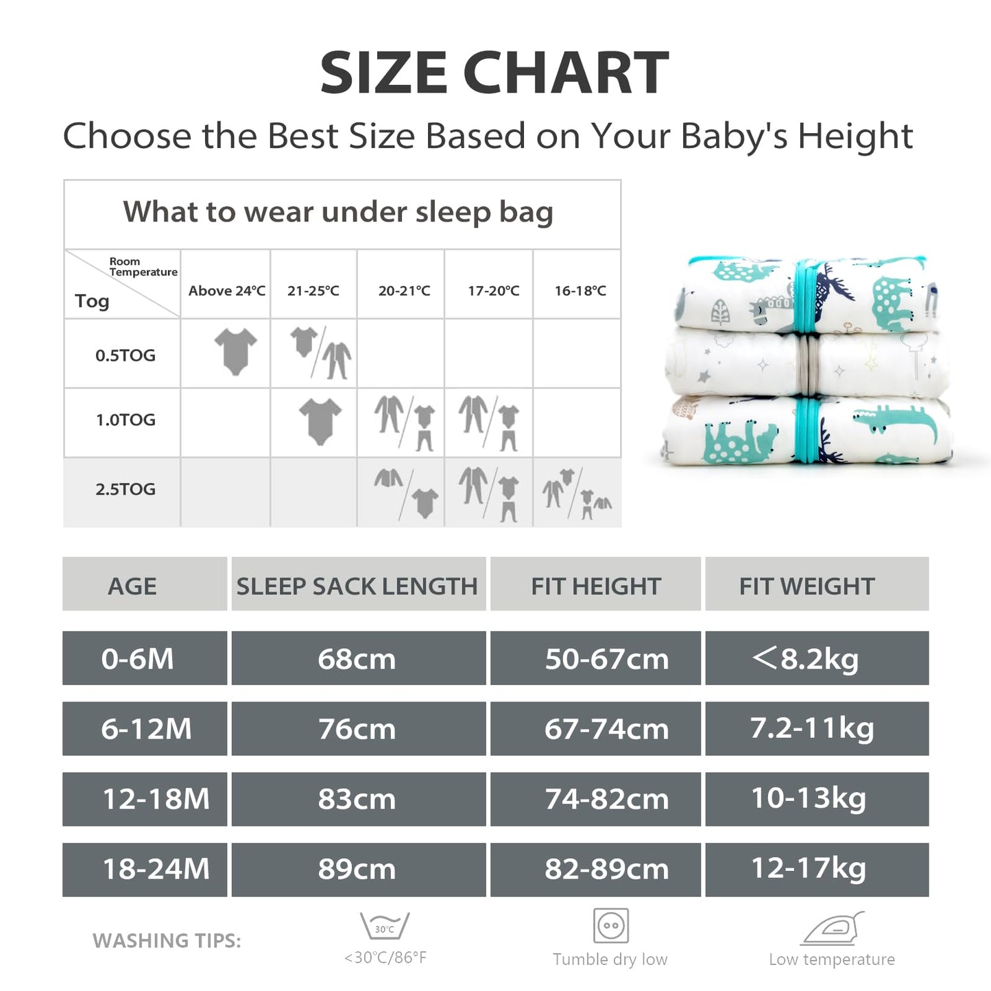 Mosebears Baby Winter Sleeping Bag 2.5 Tog,Toddler Sleep Sack Wearable Blanket 100% cotton baby sleeping bag for Babies 0-24 Months(Blue Zoo,18-24 Months)