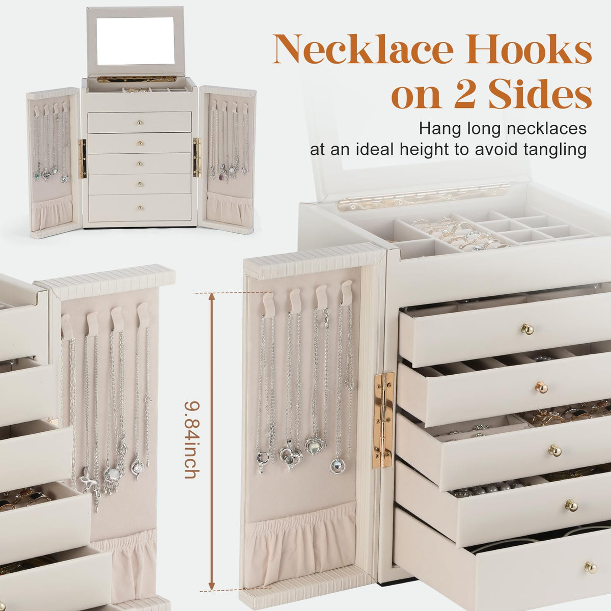 Dajasan Large Jewelry Organizer Box, Jewelry Boxes for Women Girls, 6-Tier Jewelry Storage Organizer with Mirror for Necklace Ring Bracelet Watch, Gift Idea (Beige)