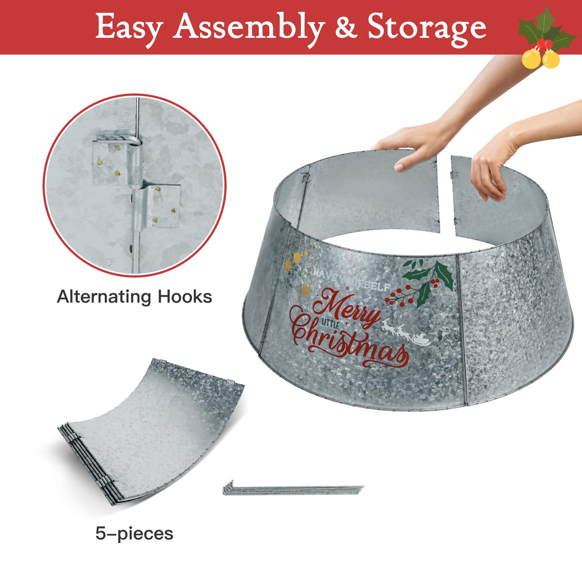 Putuo Decor Galvanized Christmas Tree Collar for 6-7.5 Ft Trees Metal Adjustable Stand Cover with Printed Merry Christmas Farmhouse Decor for Artificial Trees, 27 in Silver