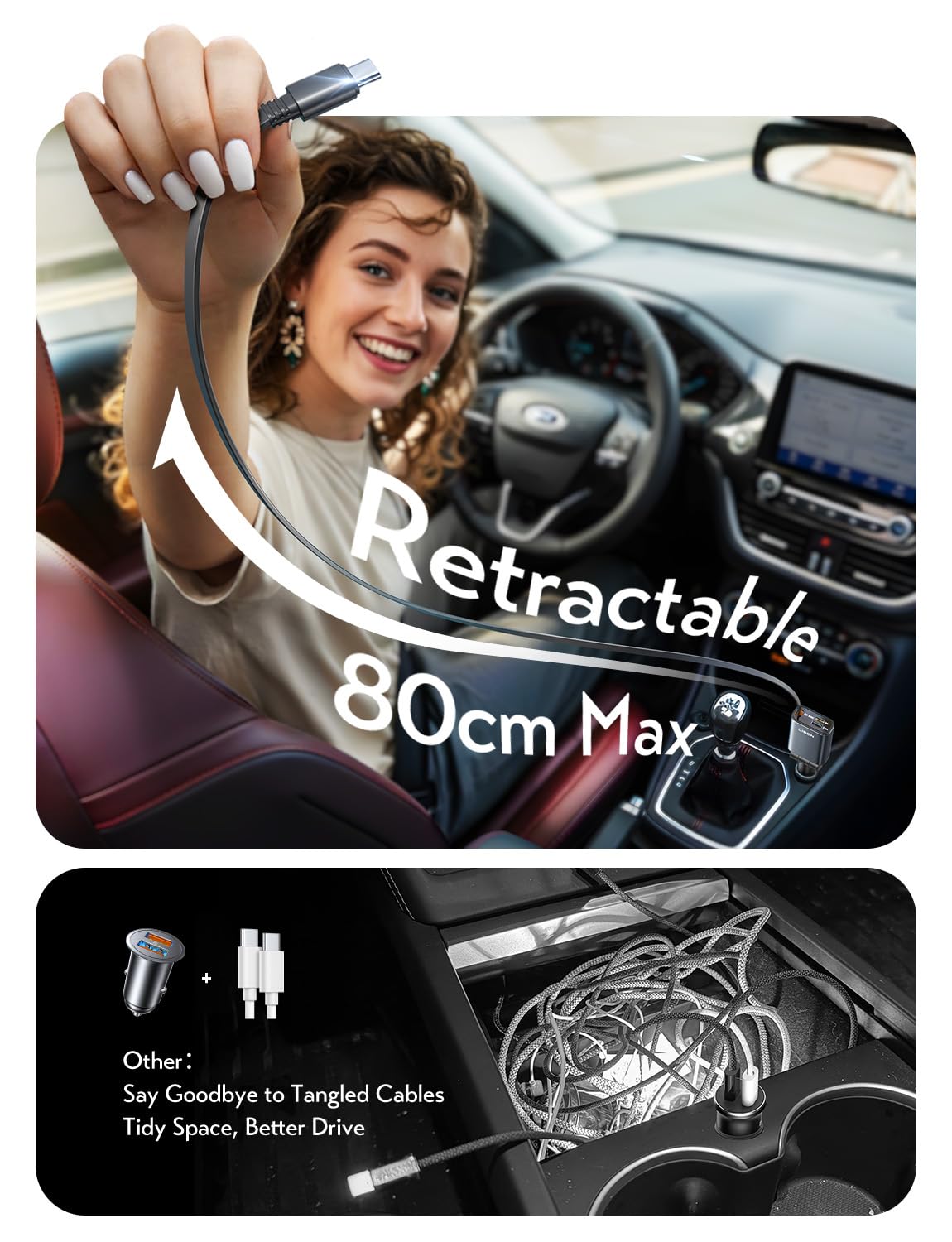 LISEN Retractable Car Charger Adapter for iPhone 17 Pro Max【2025 Ultra Compact】57W USB C Car Phone Charger Best Car Accessories for Men Women Super Fast Cigarette Lighter USB Charger, Grey