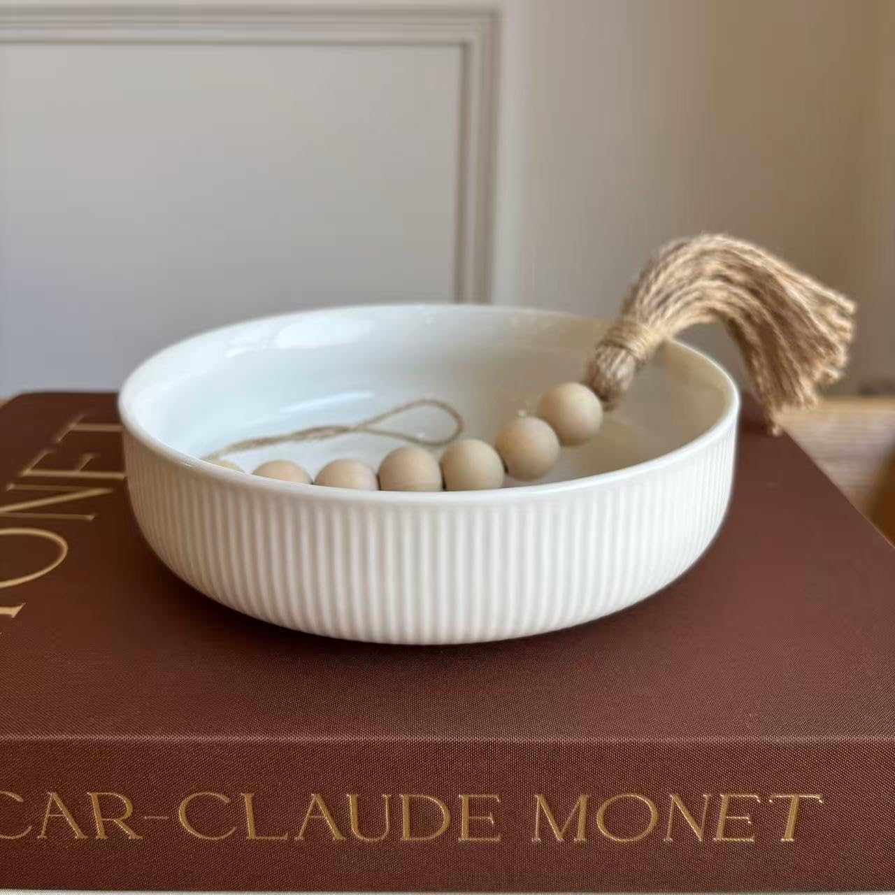 JolieJulie 6'' Key Bowl, White Decorative Bowl With Ribbed Design, key Holder for Entryway Table, Purse Bowl, Candy Dish