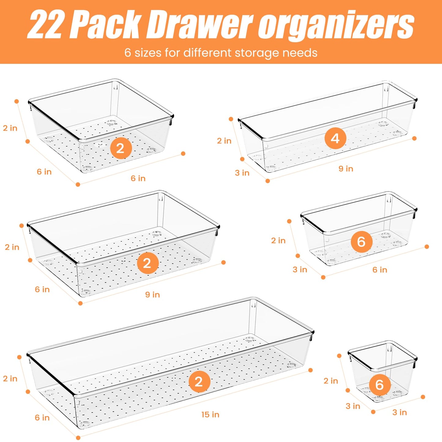Criusia 6 Pcs Large Size Clear Drawer Organizer Set, Acrylic Non Slip Non Cracking Kitchen Drawer Storage Tray Divider, Multifunctional Storage for Cosmetics, Bathroom, Tools, Kitchen and Office