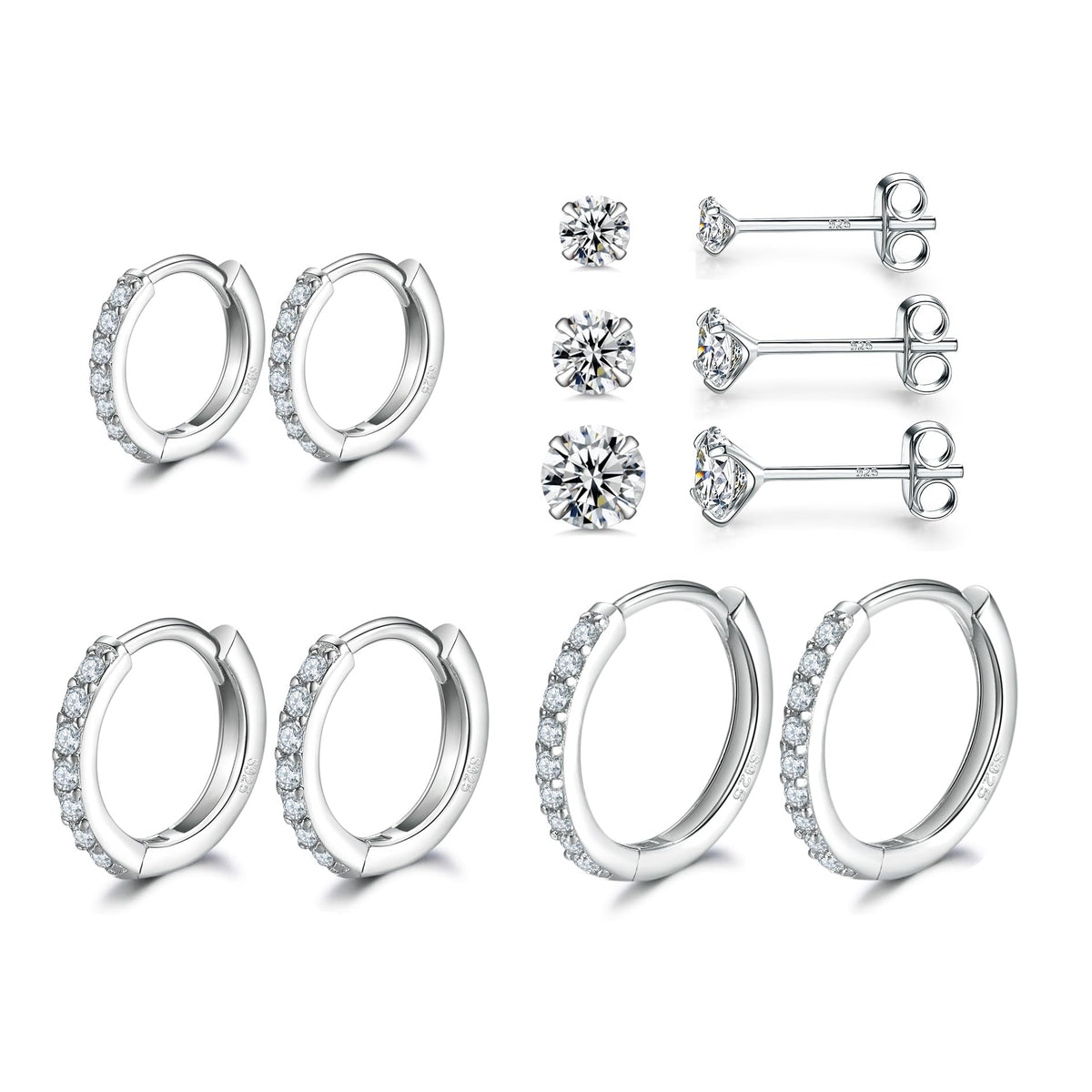 Sterling Silver Hoop Earrings Sterling Silver Stud Earrings for Women 6 Pairs Hypoallergenic Tiny Cubic Zirconia Stud Set Cartilage Hoops