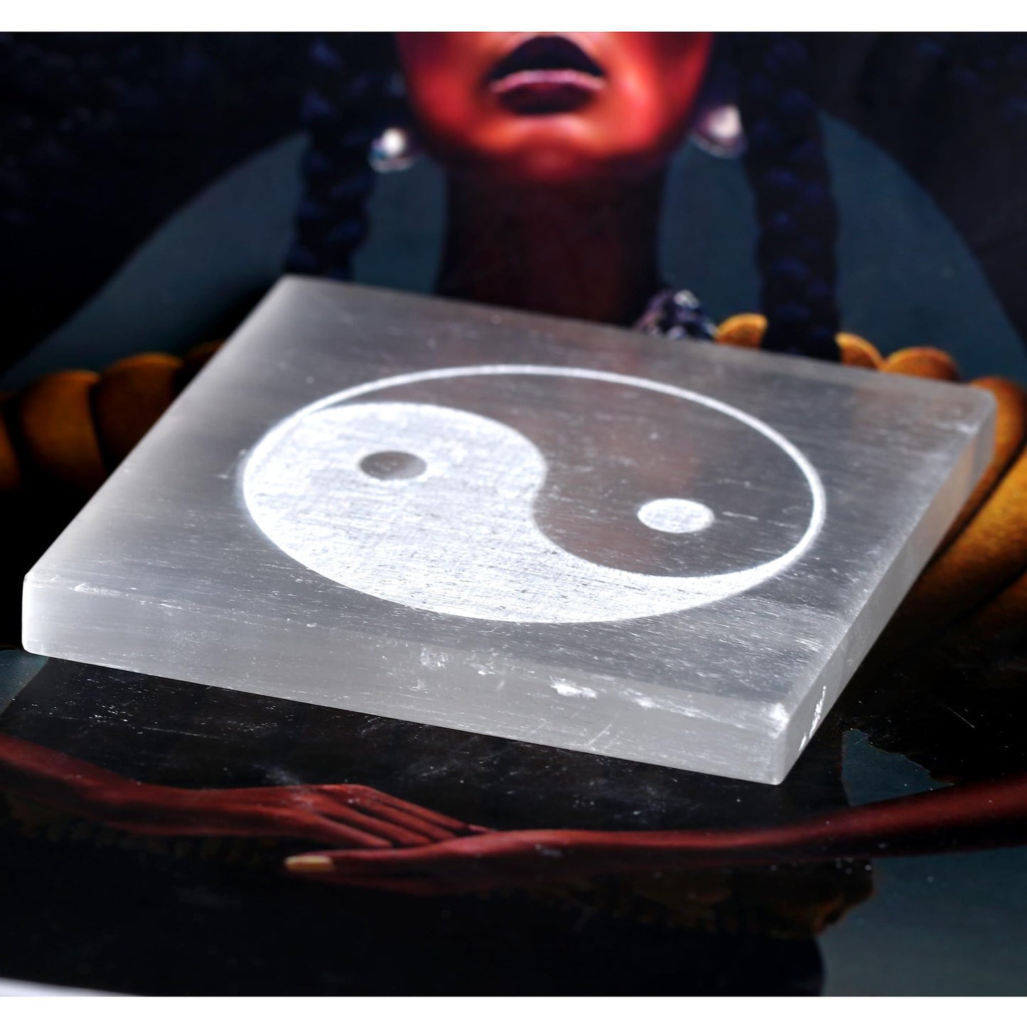 GEMHUB 500 Carat Yin Yang White Engraving Selenite Chakra Slab Energy Plate Coaster Natural Selenite Energy Booster for Yoga