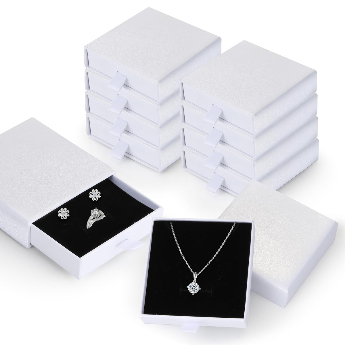 MATUFF Jewelry Gift Boxes, 10 Pack 3.5" × 3.5" x 1" Sponge Fill Cardboard Jewelry Box Bulk, Drawer Style Small Gift Boxes for Necklace Pendant Bracelet Ring Earring Display and Storage, White