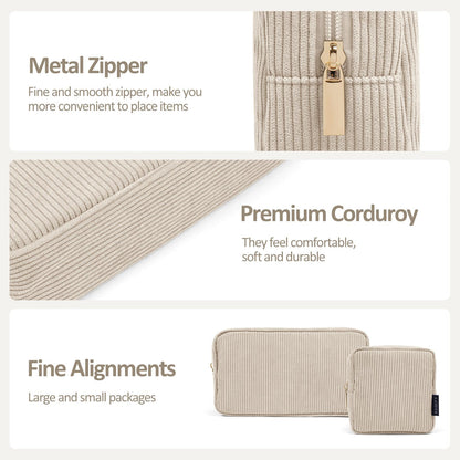 Makeup Bag, MAGEFY 2 Pcs Small Makeup Bag for Handbag Corduroy Pouch with Compartments Travel Makeup Cosmetic Bag for Women (Beige)