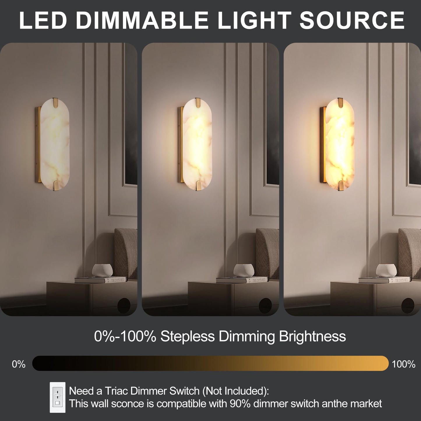 DLUCE 14.17in Alabaster Wall Sconces, Natural Marble Wall Light Set of Two, Modern LED Alabaster Sconces for Living Room Indoor Wall Lamps for Dining Room Stairs Bedroom,Brushed Gold