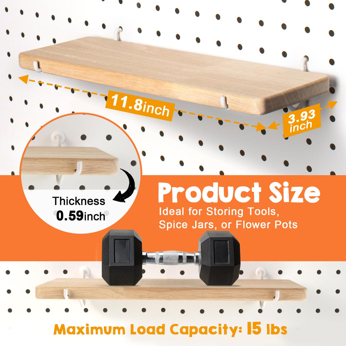SEMPOMA 2 Pack Solid Wood Pegboard Shelf, High Balance and No tilt, 12" x 4" Pegboard Shelves Fit 1/4" Pegboard for Display Craft Garage Workbench Office