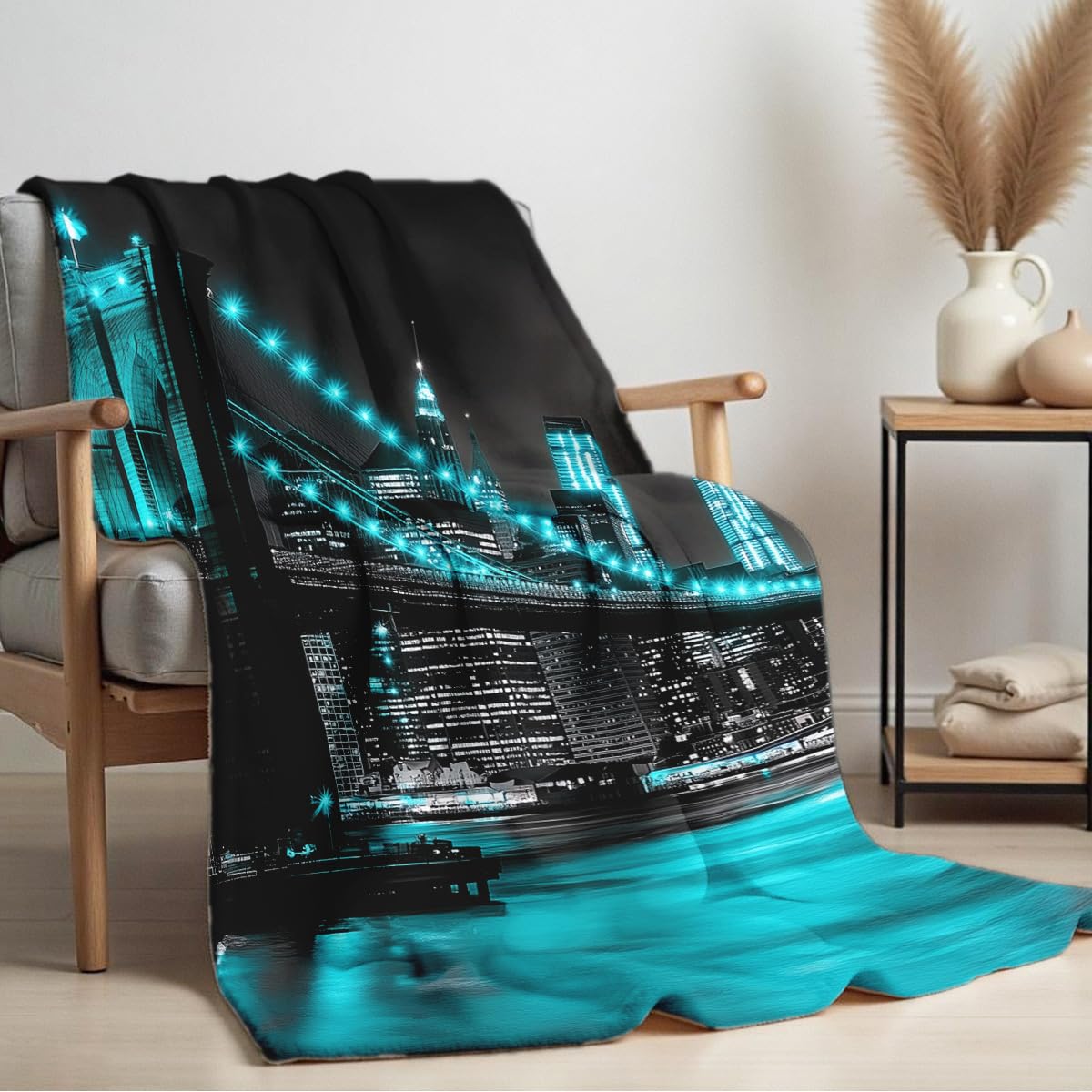 HUNXIAOJ New York City Building Blanket for Bed Couch Cityscape Blanket Throw Black White Teal Decor Flannel Prints Bedding Home Decor (49"x59")