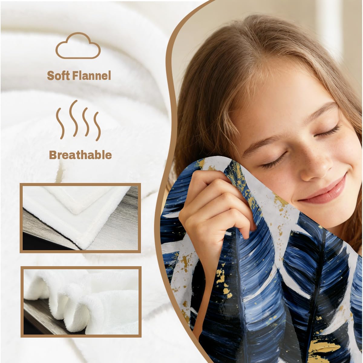 HUNXIAOJ Tropical Blankets and Throws Tropical Plant Blanket for Couch Bed Room Home Decor Tropic Leaf Throws Blue Gold Botanical Decor Flannel Gifts for Women Adults Kids 49"x59"