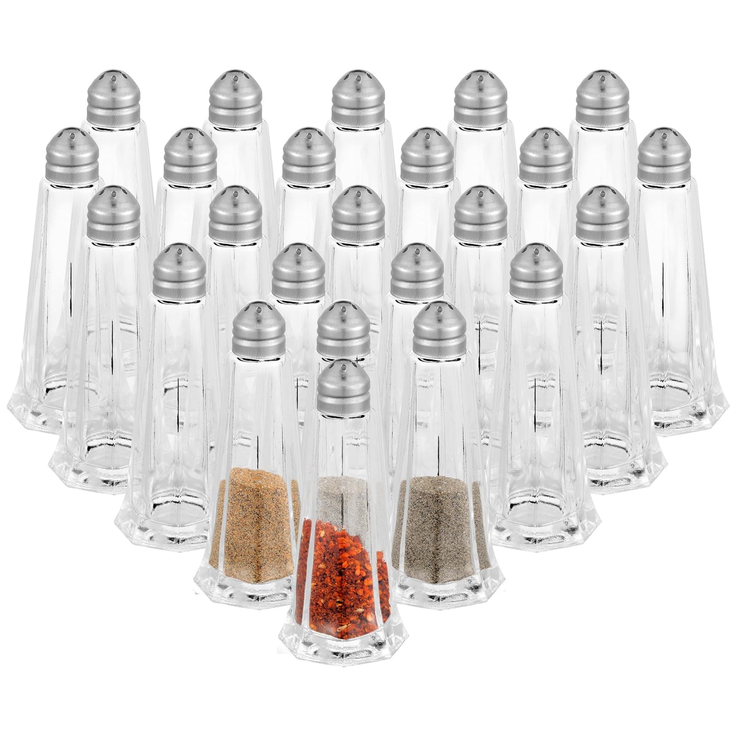 Bokon Set of 24 Tower Glass Salt and Pepper Shakers Bulk 1oz Small Tower Spice Shakers Refillable with Stainless Steel Chrome Top Lid for Home Restaurant Kitchen Seasonings Supplies