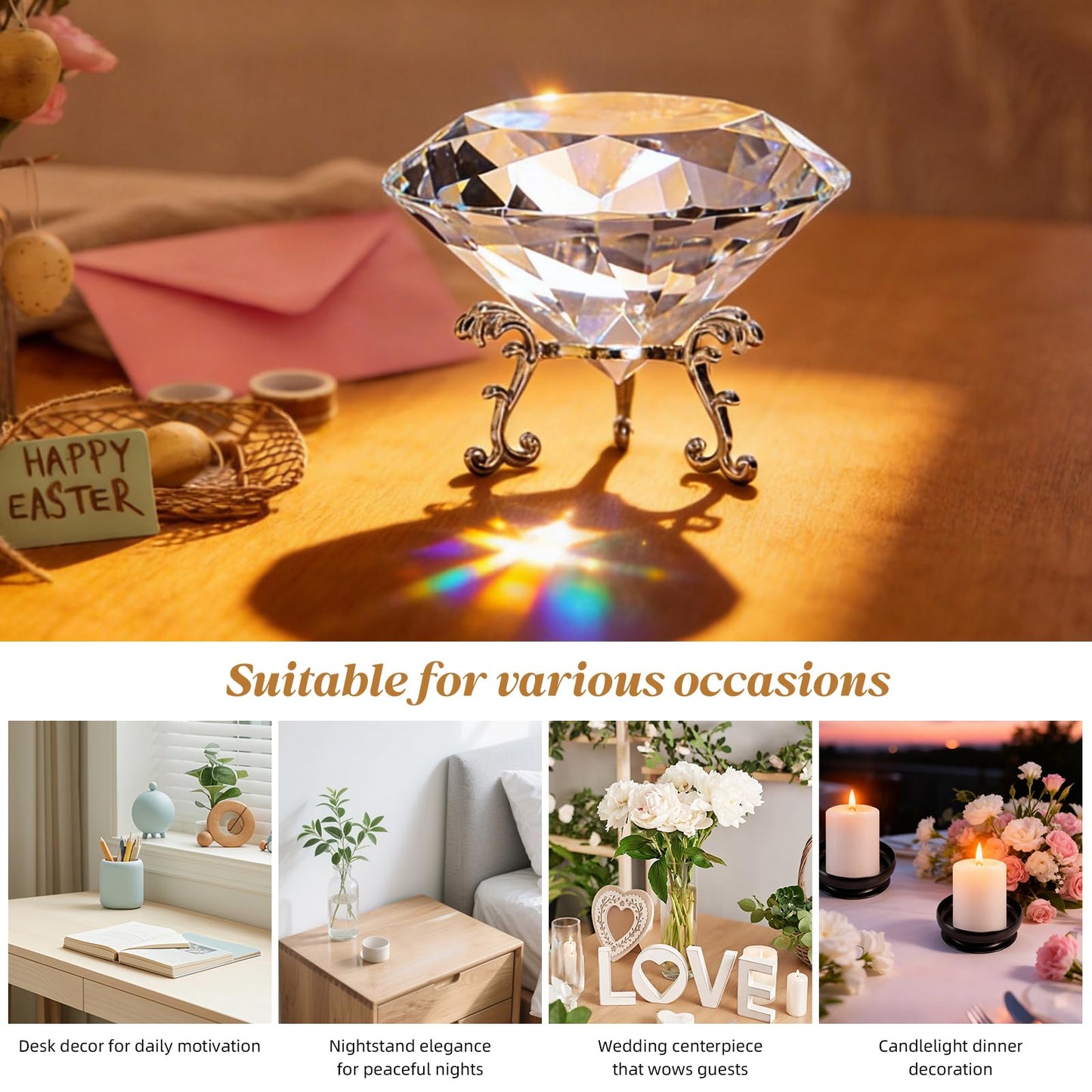 MysticGlitz Large Clear Crystal Diamond Paperweight with Silver Metal Stand, 3.15 Inch Faceted Glass Gemstone for Wedding Centerpiece Home Decor Table Decoration Fake Diamond Prism