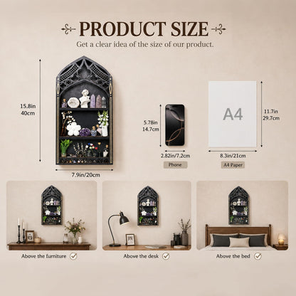 Gothic Window Crystal Shelf Display for Wall, Wooden Gem Stone Rock Storage Holder Trinkets Organizer, Wall Mount Stand Case Box for Witch Wiccan Decor, Spiritual Gift for Home Bedroom Living Room