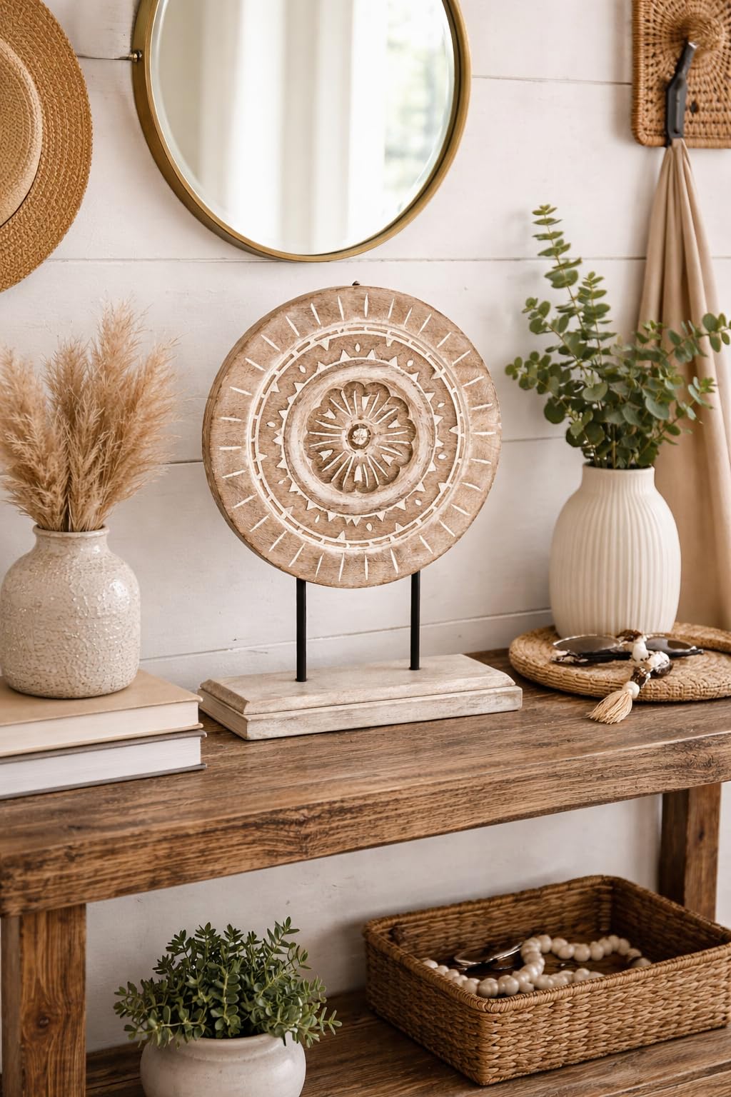 Eximious India Farmhouse Table Sculpture Home Decor Statue Mandala Carved for Modern Home 10" x 14", Living Room, Fireplace Mantel Shelf, Table and Entryway Decor Stand (Design 2)