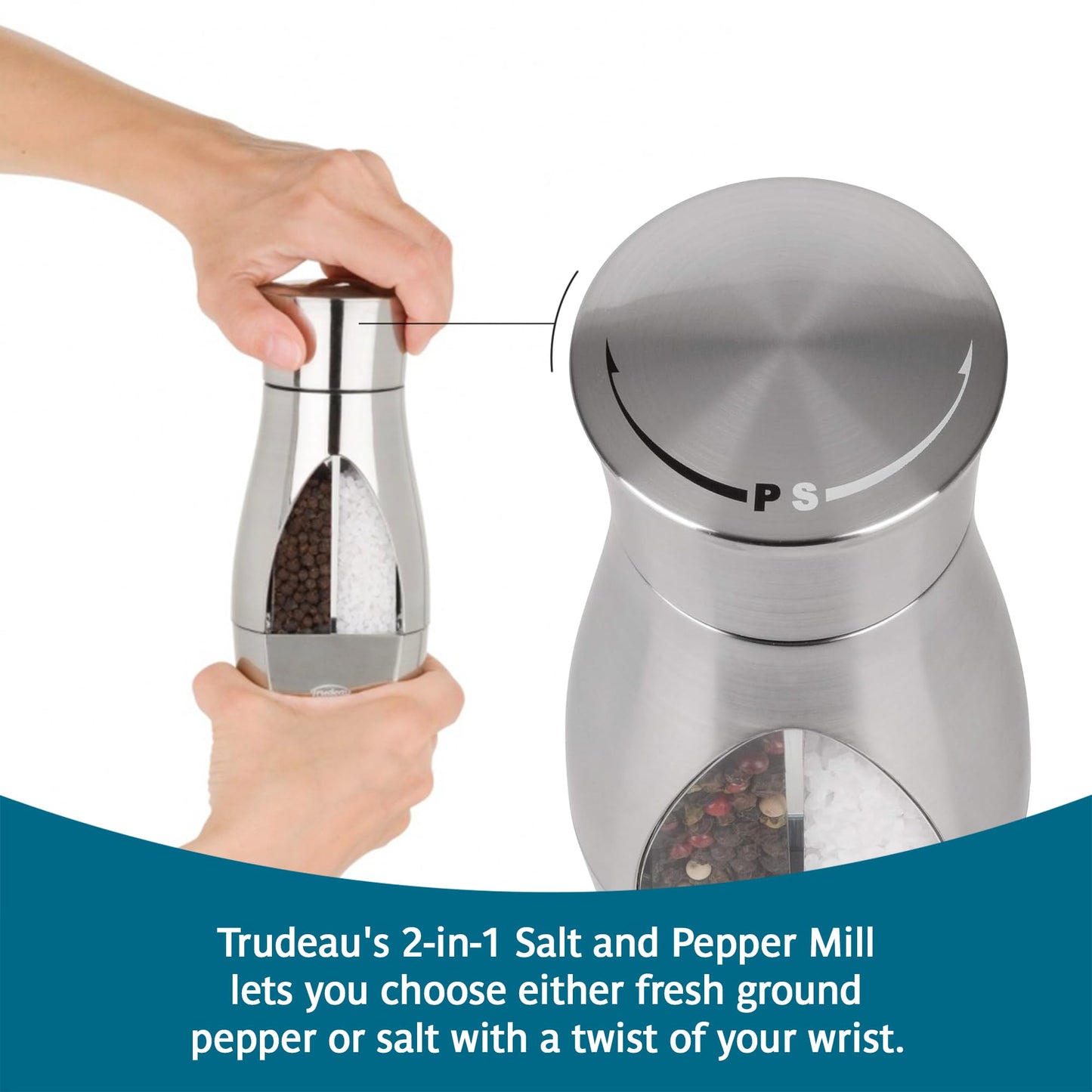 Trudeau Stainless Steel Manual 2-in-1 Salt and Pepper Mill - 7.5-Inch Space-Saving Grinder with Durable Carbon Steel Pepper Grinder and Rust-Proof Ceramic Salt Grinder - Adjustable Grind Settings