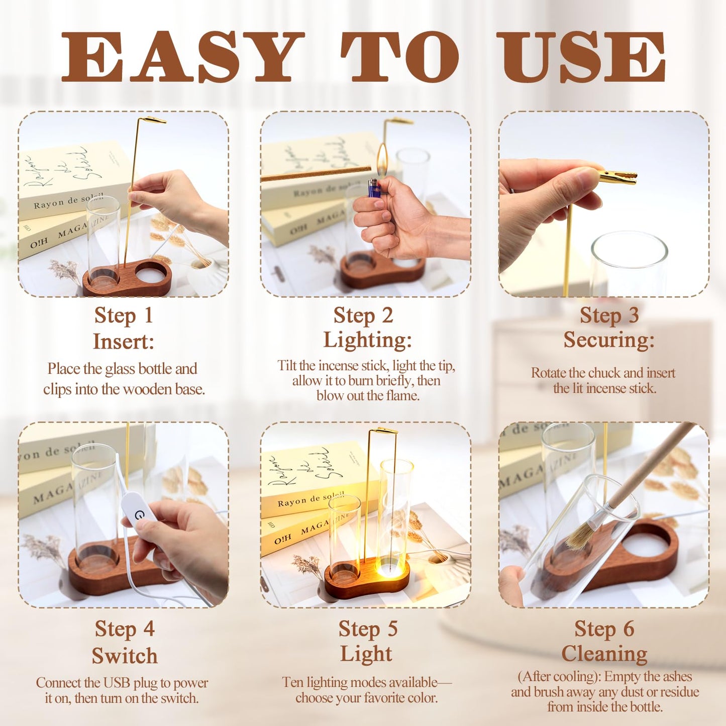 2 in 1 Glowing Incense Holder for Sticks with Ash Catcher and Adjustable Ambient Lighting, Alligator Clip-on Incense Burner Holder with More Secure Hold, Suitable for Yoga, Meditation, Home Decor