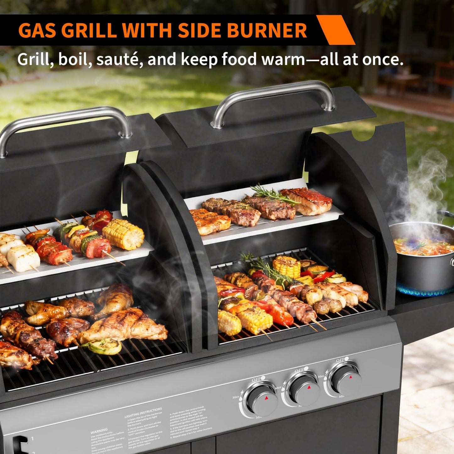 PeakPursuit Dual Fuel Gas & Charcoal Grill Combo – 24,000 BTU Main Disposables, 8,000 BTU Side Disposable, 690 Sq.In. Porcelain Grate, Stainless Steel, Storage Cabinet, Wheels – 24,000 BTU