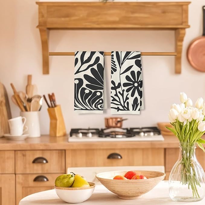 Abstract Boho Neutral Floral Kitchen Towels Set of 2, 70s Retro Groovy Beige