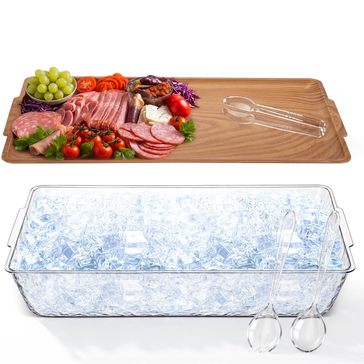 Baderke 1 Set 16" x 9" Chilled Serving Tray for Parties with Compartments Ice Chilled Party Crudite Platter Charcuterie Serving Board Cold Dish Dip Tableware for Seafood Vegetable (Light Wood)