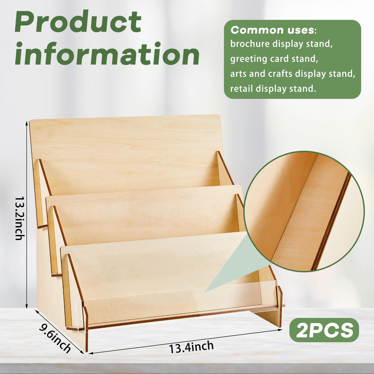 Barydat 2 Pcs Greeting Card Display Stand, 3 Tiered Wooden Multipurpose Portable Rack Holder for Retail Stores, Postcard Brochure Photos Sticker Magazine, Stationery Vendors(13 x 9.6 x 13.2 Inch)