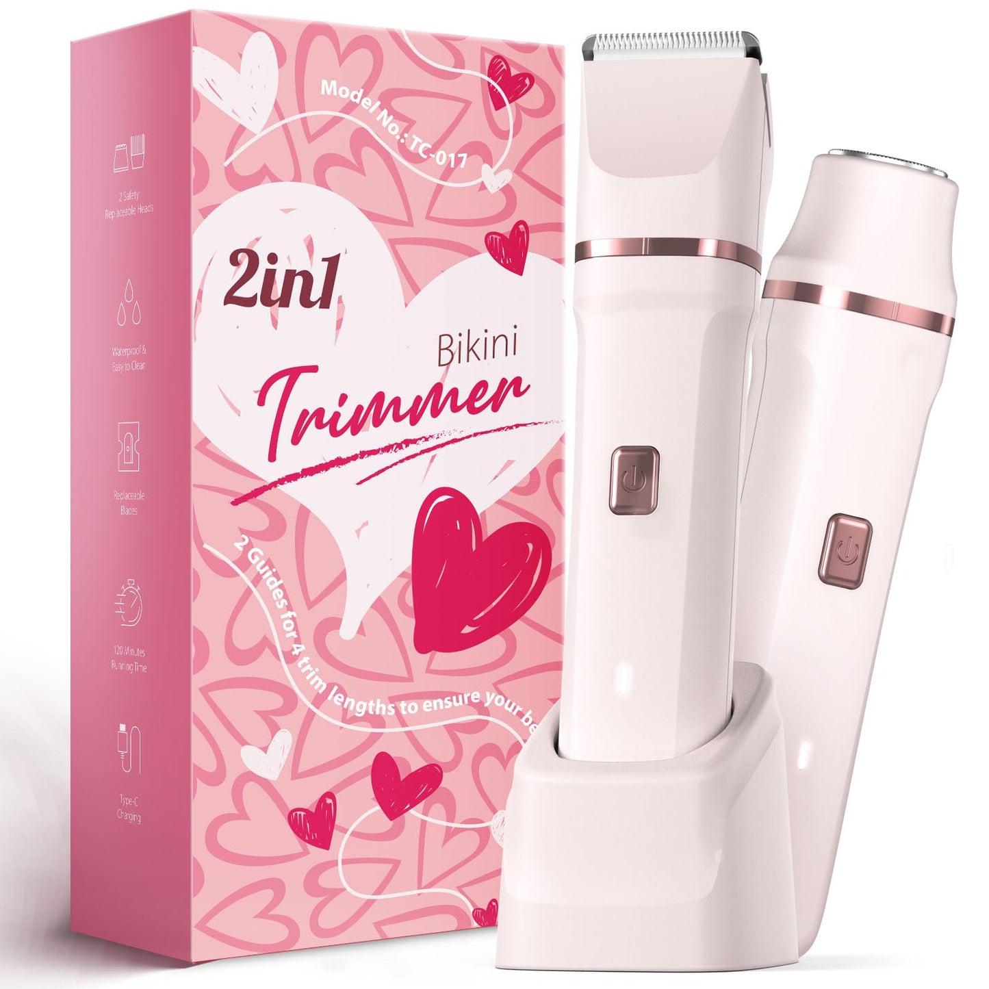 Bikini Trimmer for Women - Painless Electric Razors for Silk Skin,Cordless Body Shaver for Trip,Replaceable Lady Facial Razor, IPX7 Waterproof&Easy Cleaning, Ceramic Blade, USB Charge Dock Pink