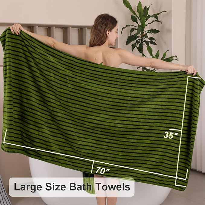 8 Pcs Army Green Cabana Stripe Large Bath Towel Set Oversized Bath Sheet-2 Bath