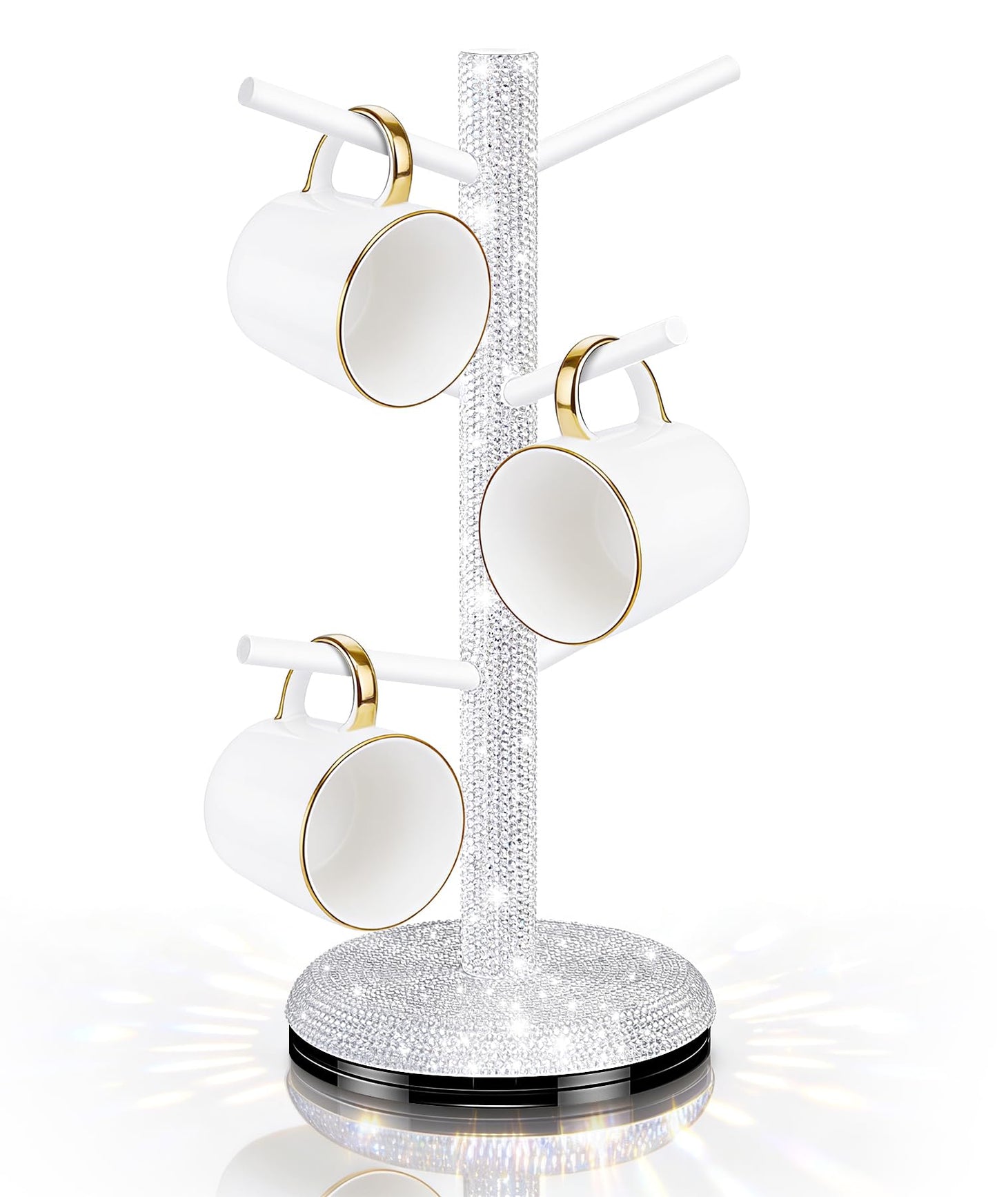 Mulixis Bling Mug Holder Tree, 360° Rotation Coffee Cup Holder with 6 Hooks Crystal Rhinestone Mug Tree Rack Aesthetic Design Home Organization（White）