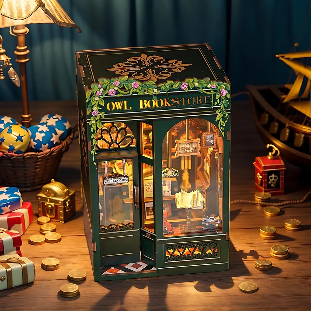 Cutefun Book Nook - 3D Wooden Puzzles for Adults, 139pcs, DIY Miniature House Kit Bookshelf Decor Nook Puzzle Tiny House Gifts for Women Teenagers Book Lovers (OWL Bookstore）