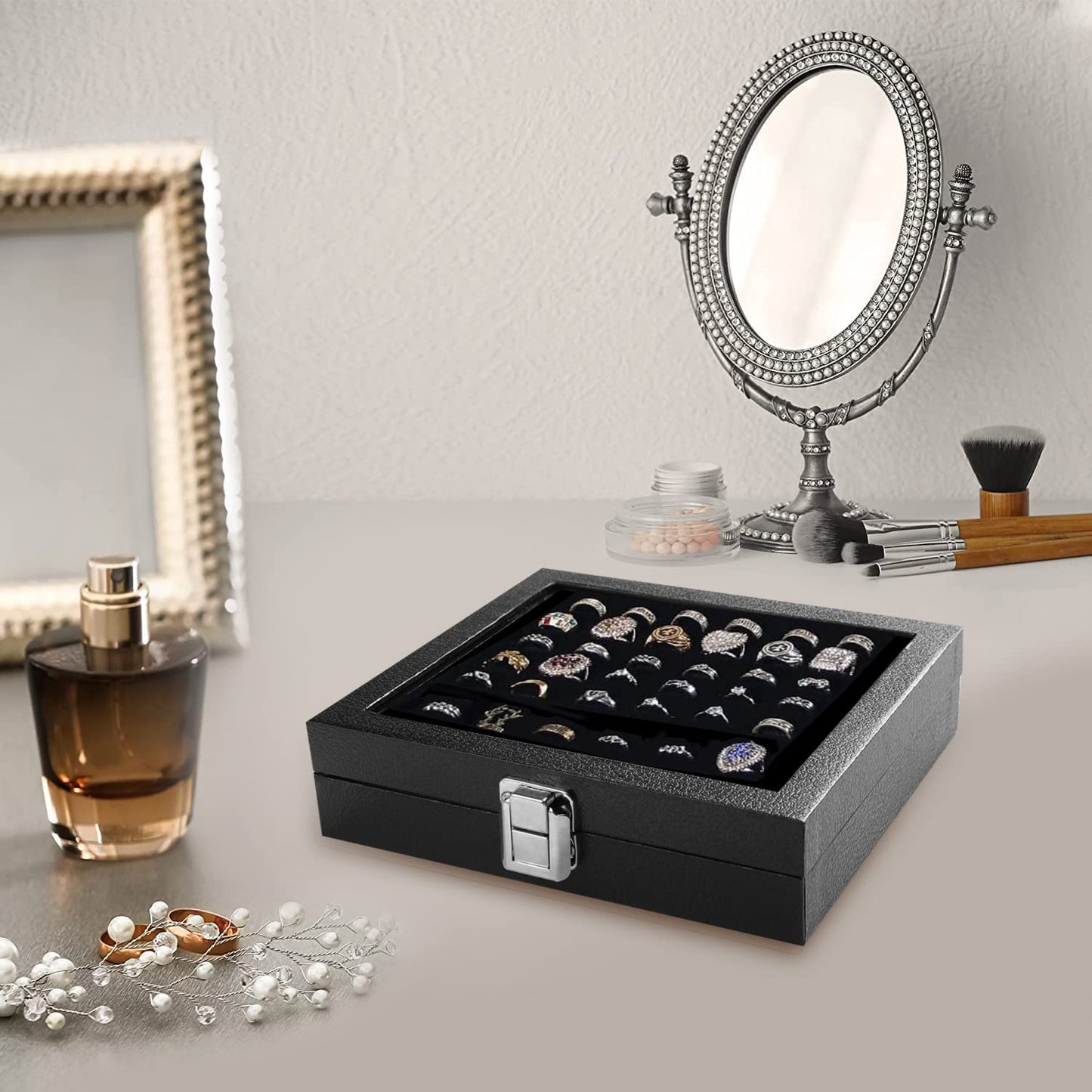 Ring Jewelry Organizer Box, 36 Slots Rings Display Storage Case Earring Showcase - Black Velvet Jewelry Stand Holder Tray with Transparent Glass Lid - Ideal Gift for Women Girl