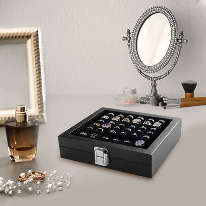 Ring Jewelry Organizer Box, 36 Slots Rings Display Storage Case Earring Showcase - Black Velvet Jewelry Stand Holder Tray with Transparent Glass Lid - Ideal Gift for Women Girl