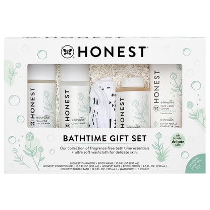 The Honest Company Fragrance-Free Bathtime Gift Set, Hypoallergenic, Bath Essentials for Sensitive Skin, Shampoo and Body Wash, Face Lotion, Bubble Bath, Conditioner, Wash Cloth