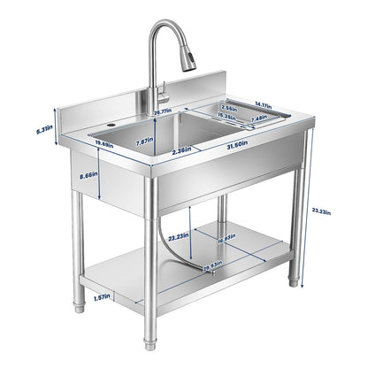 31 Inch Laundry Room Stainless Steel Utility Sink Single Bowl, with Retractable Hot & Cold Faucet, Hose and Drain Kit for Daily Household Use