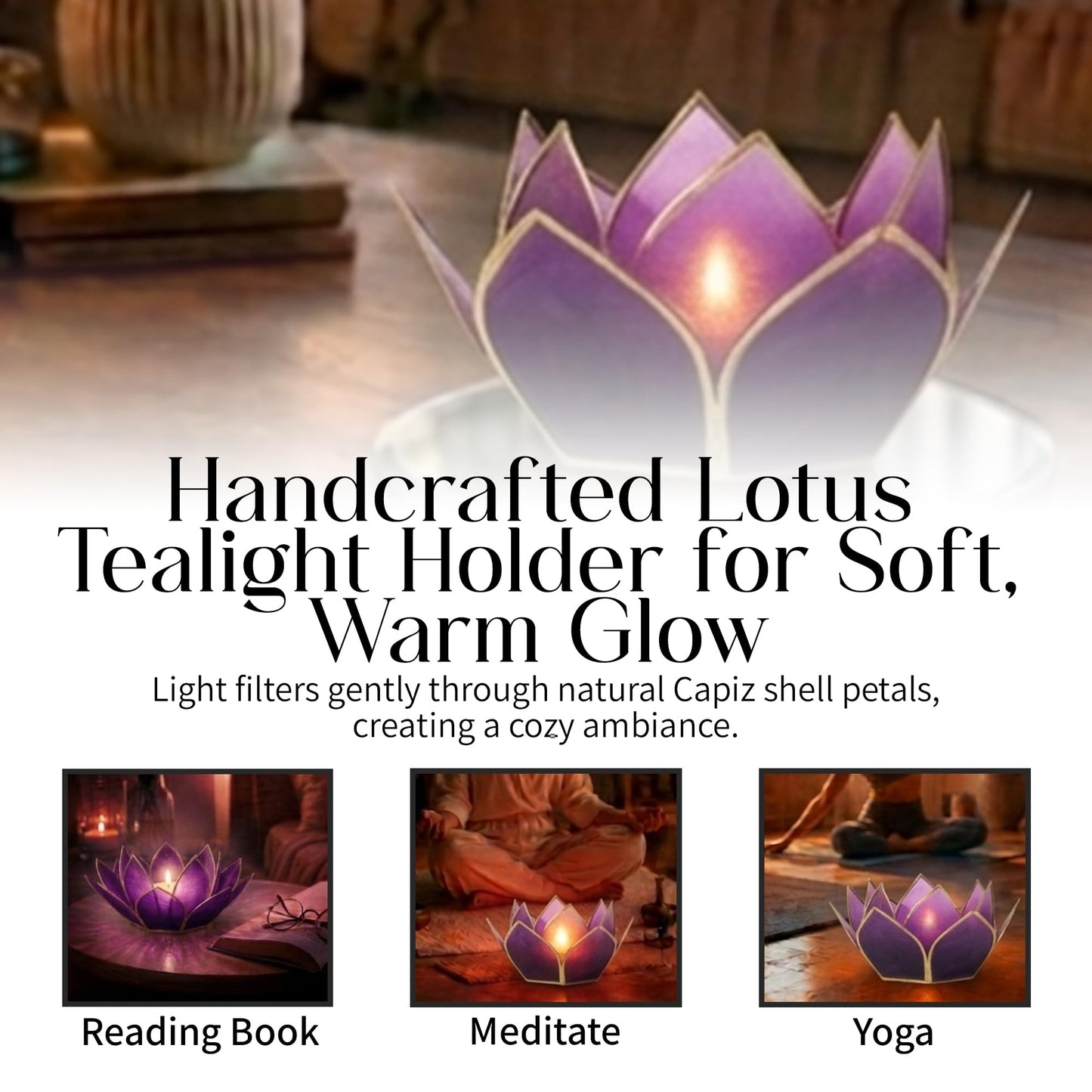 Om Gallery Mini Gemstone Lotus Tealight Holder - Handcrafted Capiz Shell Design for Soft Glow, Elegant Home & Table Decor, Wedding Centerpiece, Votive Candle Styling & Thoughtful Gifting - Tanzanite