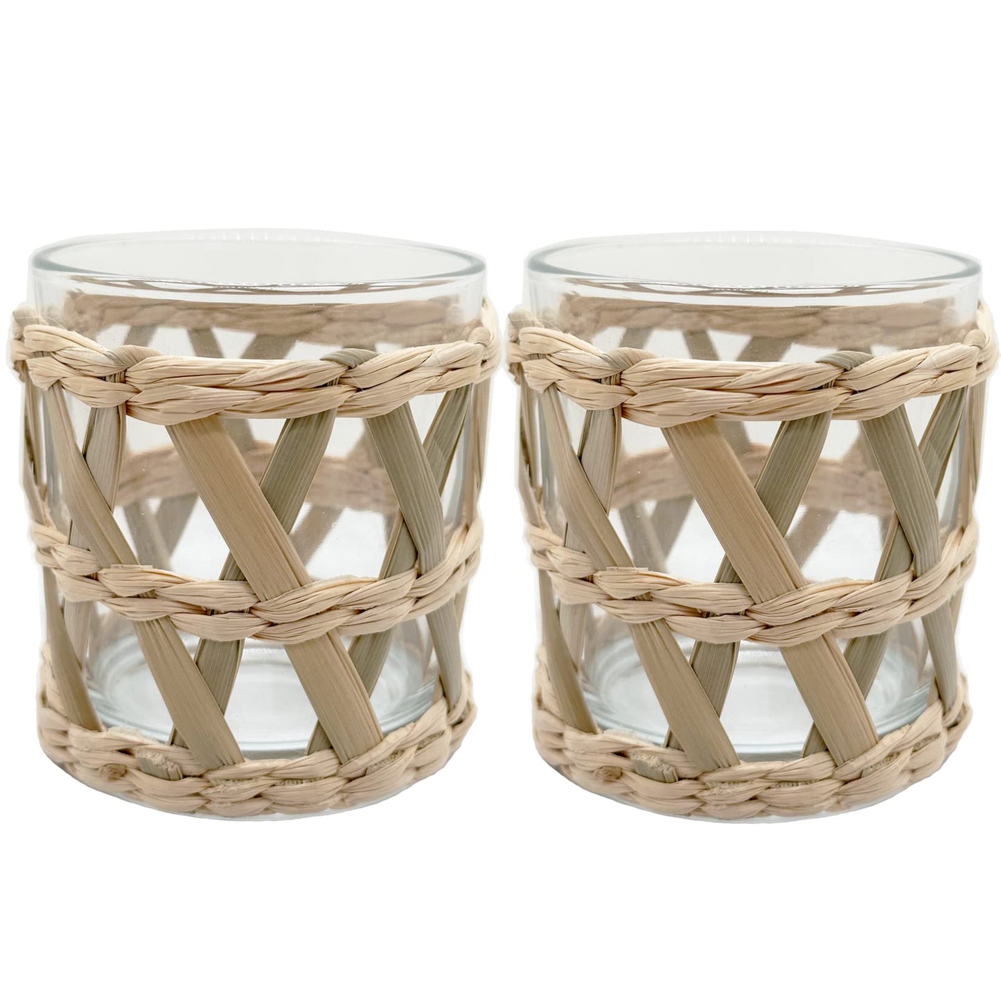 Rattan Woven Tea Light Candle Holder Set of 2 - Natural Seagrass Hand Woven Votive Tealight Candle Holder, Decorative Coastal Boho Beach House Votive Tealight Candle Holder for Dining Table Kitchen