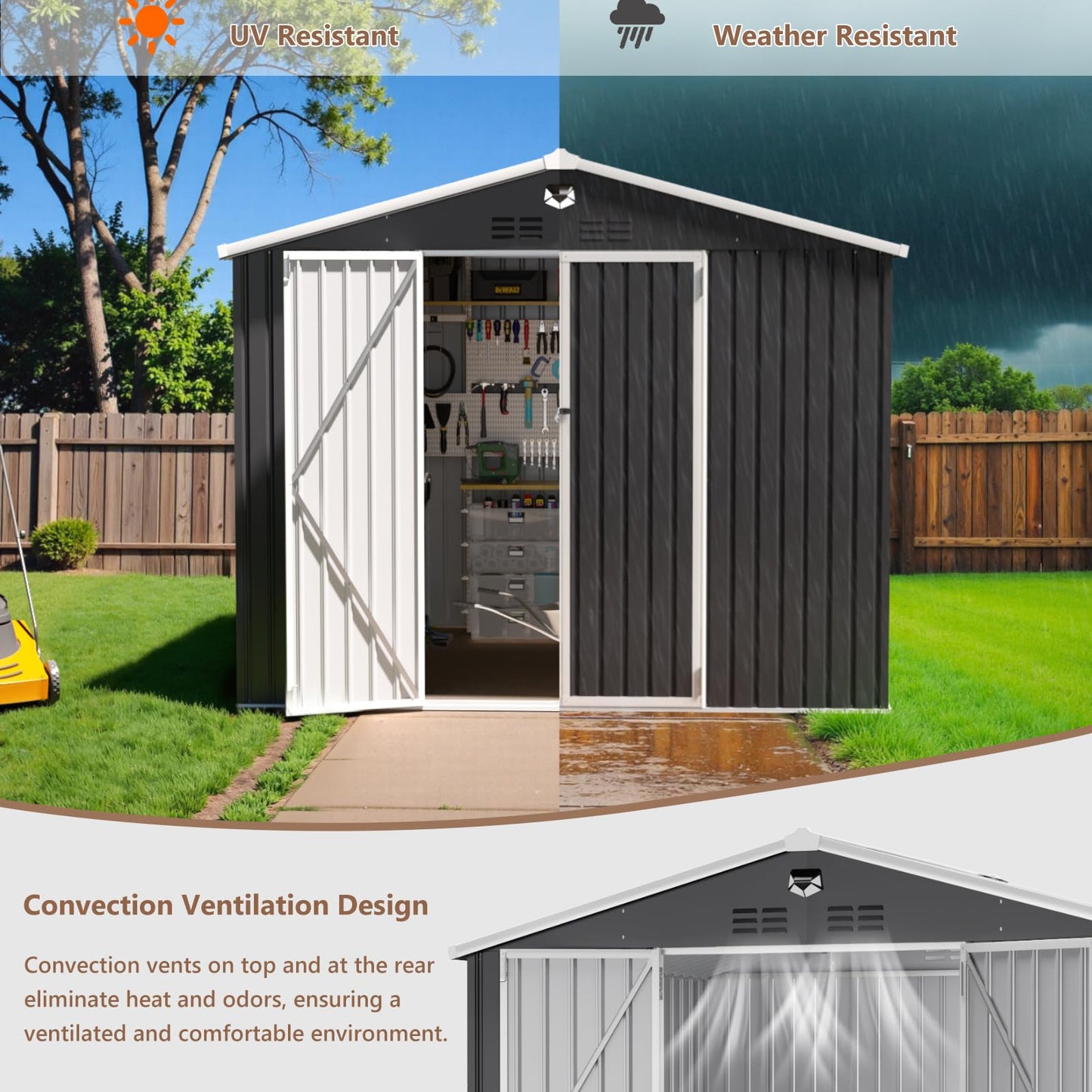 10x8 FT Outdoor Storage Shed, Metal Garden Shed, Storage Tool Sheds with Lockable Doors, Waterproof Outside Storage Building for Backyard, Patio (Black; Floor Not Included)
