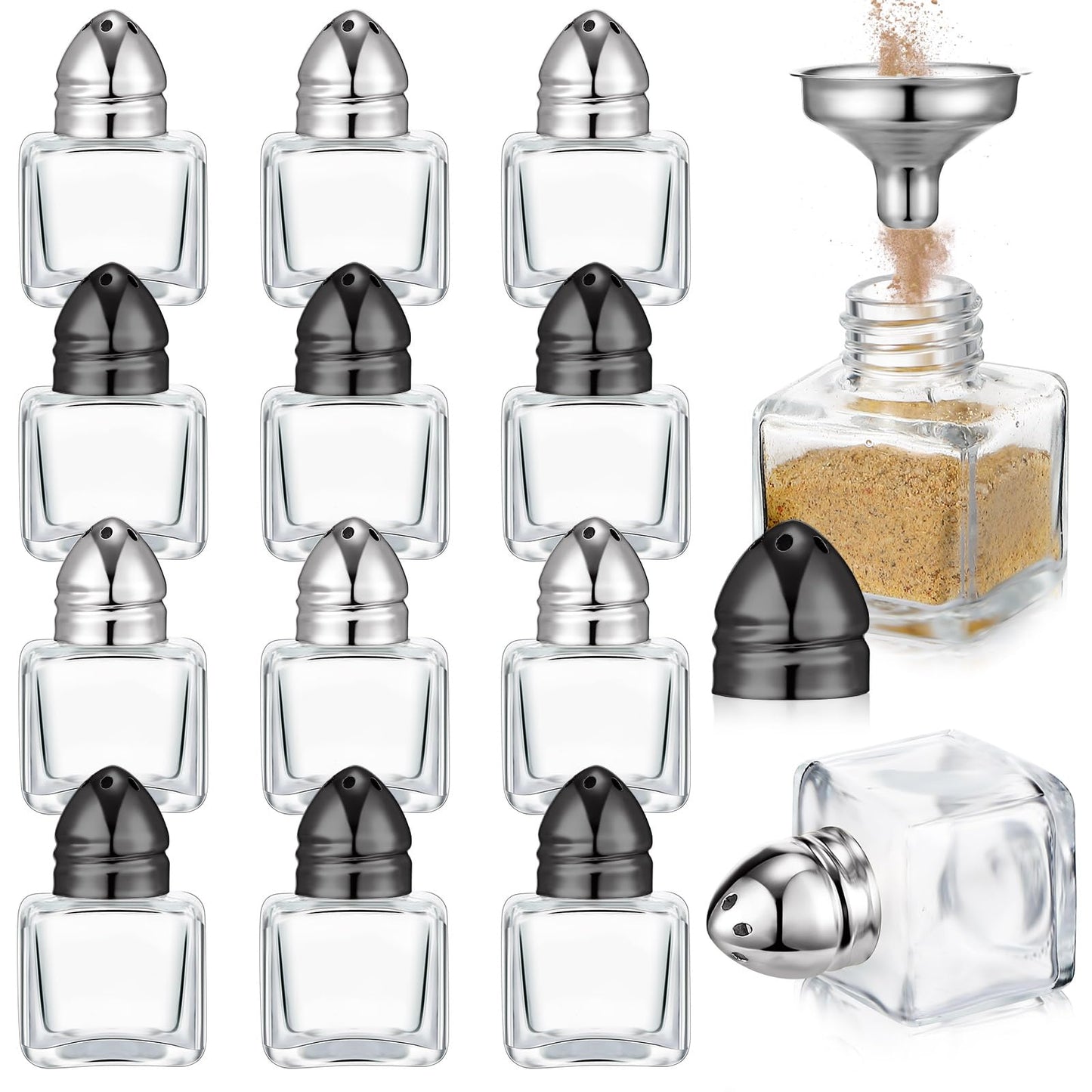 Uiifan 12 Pcs 0.5 oz Cube Shape Small Salt Pepper Shakers with Tone Tops Clear Mini Glass Seasoning Jars Spice Salt Shakers with Funnel for Wedding Party Restaurant Home Kitchen (Black,Silver)