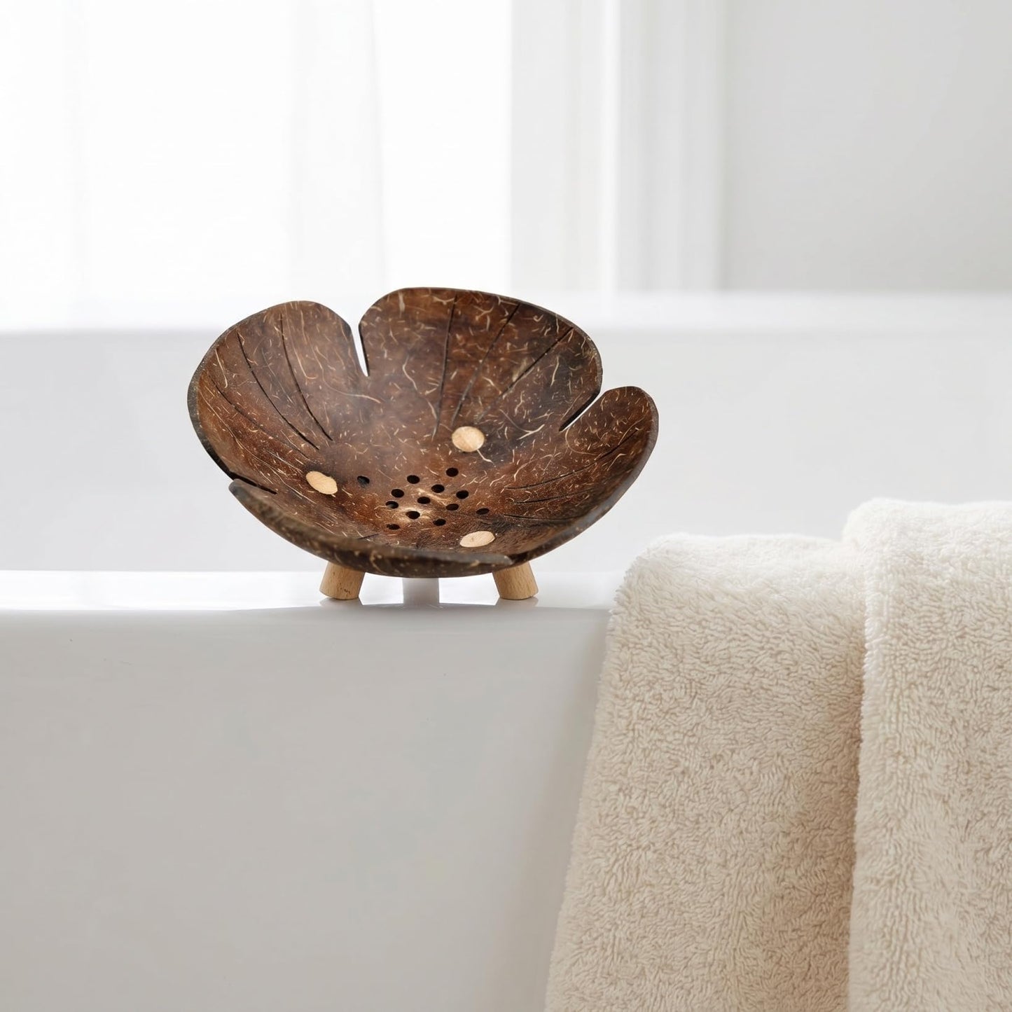 CAXUSD Coconut Shell Soap Dish Wooden Bathroom Soap Holder with Self-Draining Holes for Bar and Small Item Storage 5.11X5.11X1.96In