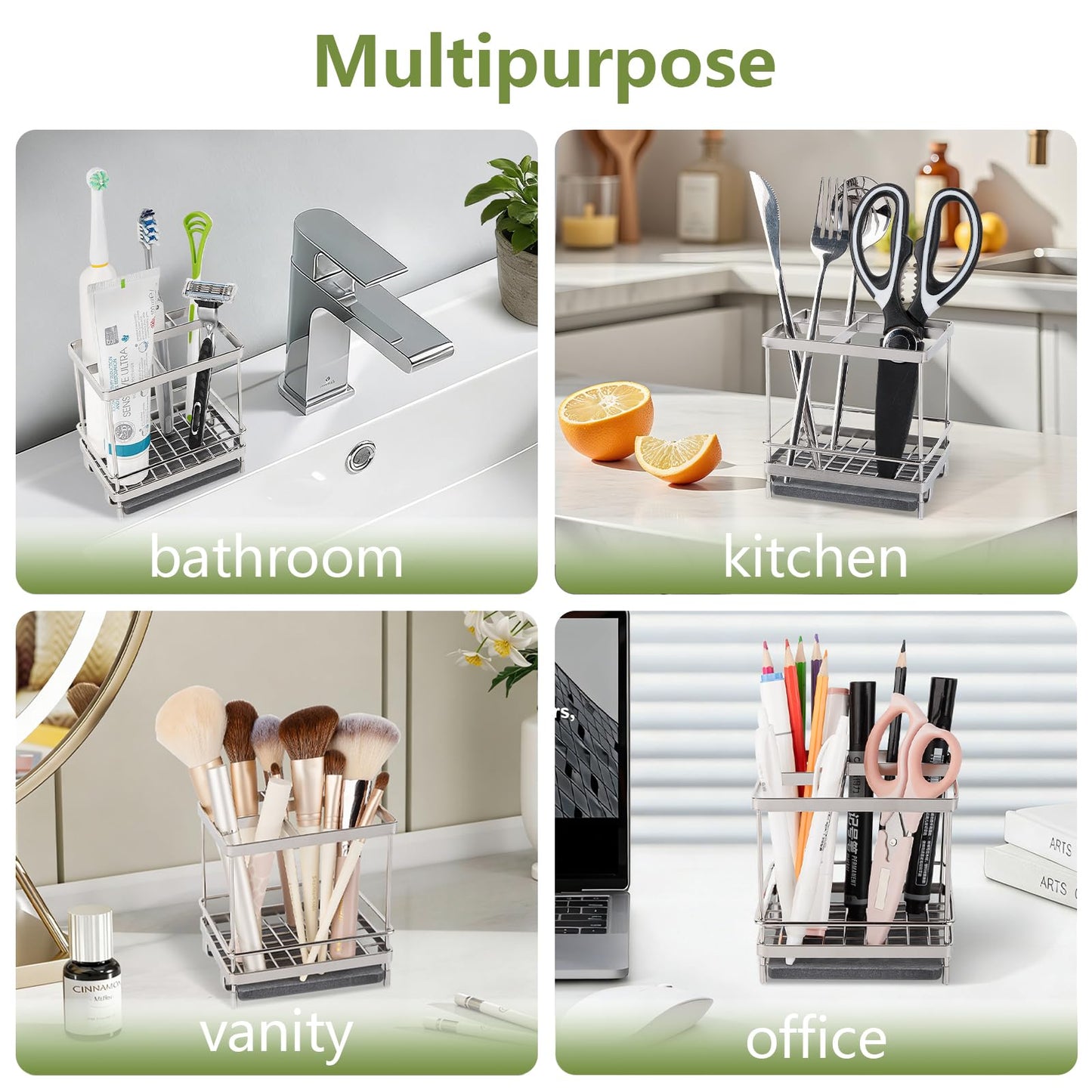 Stainless Steel Toothbrush Holders for Bathrooms, 5 Slots Kids Electric Tooth Brush and Toothpaste Organizer for Countertop, Shower, Vanity, Sliver