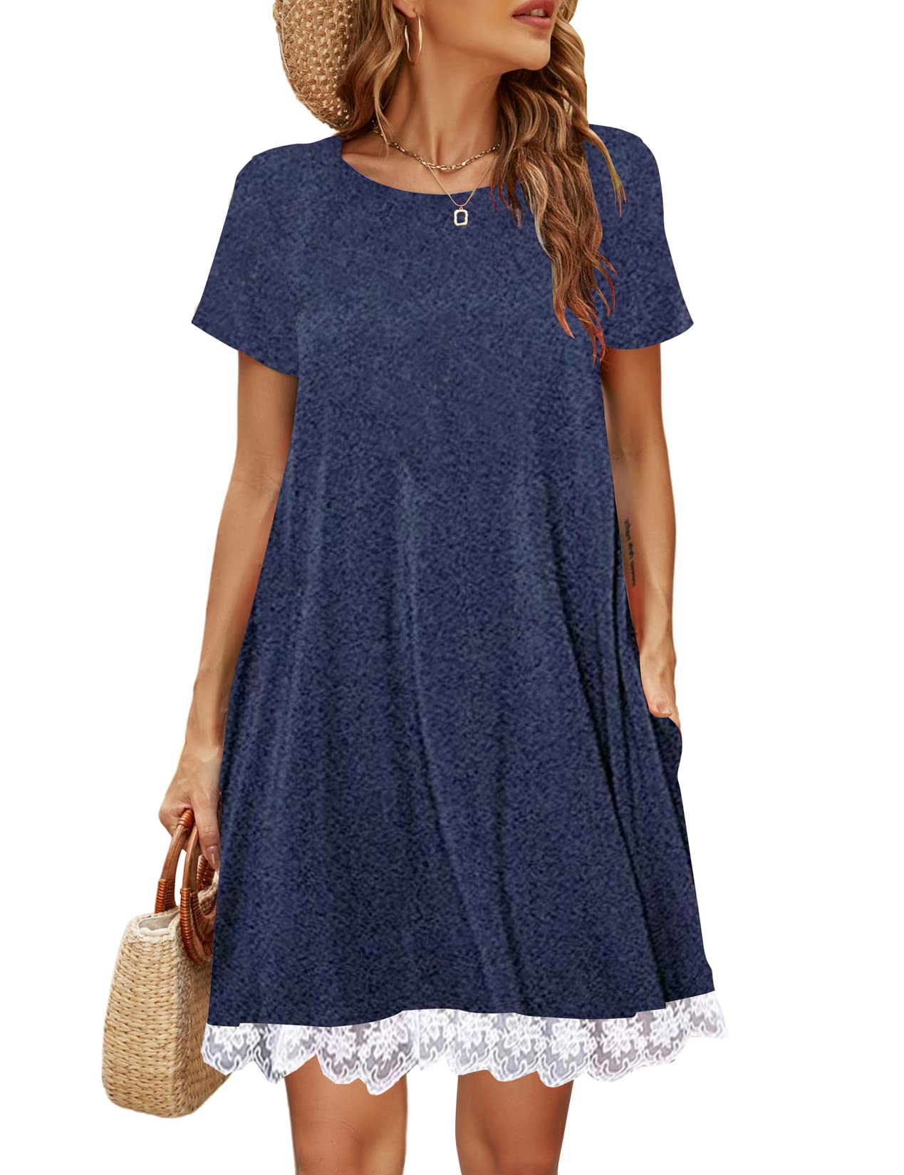 Halife Womens Cute Short Sleeve Pocket T-Shirt Dress Loose Summer Dresses Beach Cover Up Navy Blue,XXL
