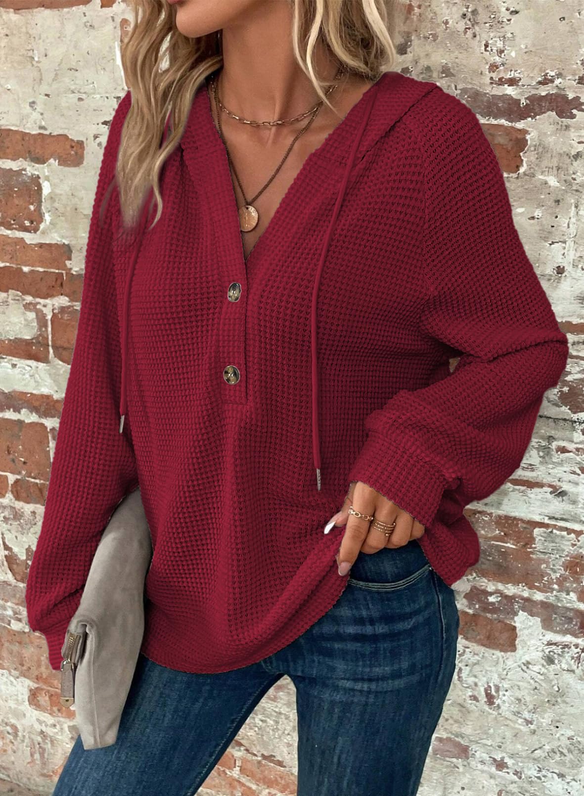 Dokotoo Hoodies for Women Waffle Knit Drawstring Button V Neck Long Sleeve Shirts Christmas Sweaters Pullover Sweatshirt Tops Lightweight Casual Cute Cozy Fall Winter Fashion Outfits Red X-Large