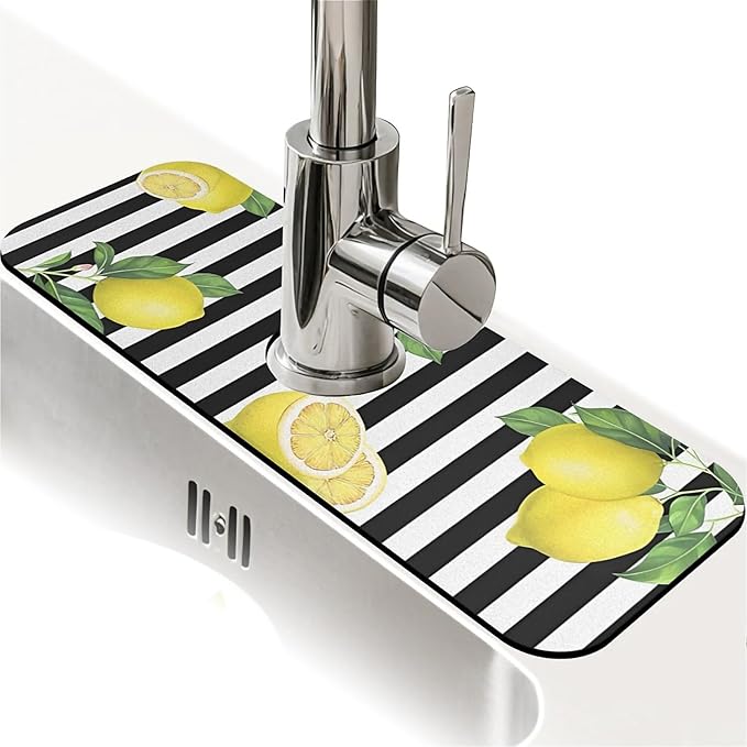 Kitchen Sink Splash Guard，Lemon-and stripes Faucet Mat Sink Gadgets-Super