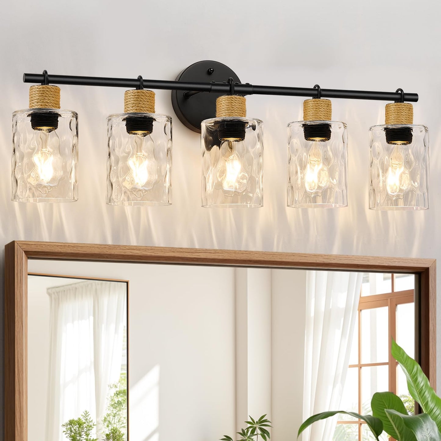 MOKATNG Bathroom Light Fixtures, 5-Light Coastal Vanity Lights with Crystal Glass Shade, Black Bathroom Wall Lamp for Mirror Kitchen Hallway Cabinet
