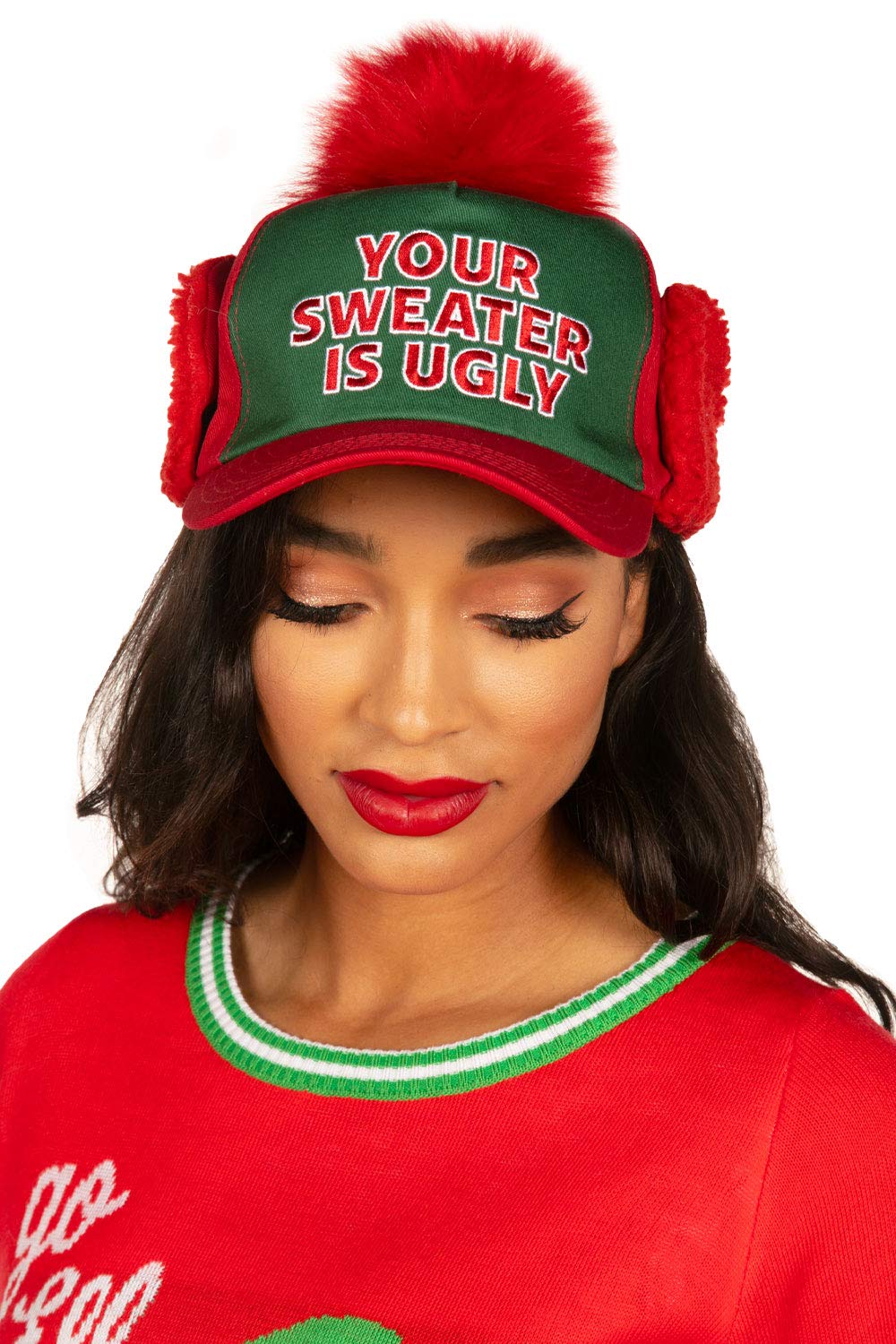 Tipsy Elves Ugly Christmas Sweater Hat - Funny Knit Red and Green Christmas Hat for Men & Women