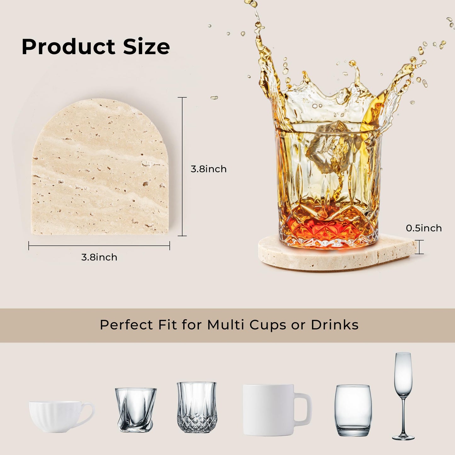 WORHE Marble Coaster for Drinks Set of 5 Natural Travertine Coasters for Home Decor Coffee Table, Modern Style Stone Cup Mat for Housewarming Party Hotel Bar Christmas Anniversary Present Beige(DL020)