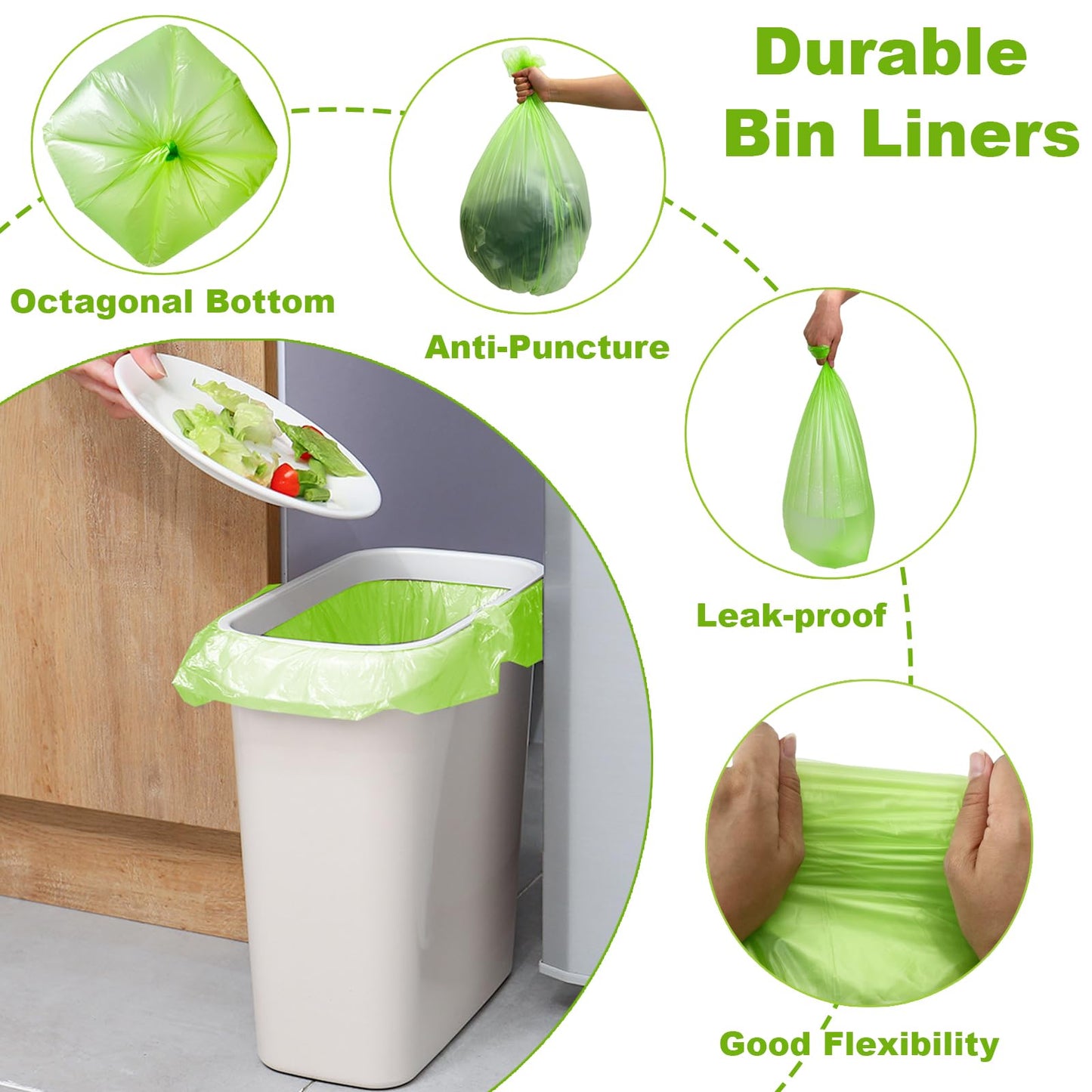 30 Litre Bin Liners 100 Bags, Biodegradable Food Waste Garbage Bags, 30L Strong Compostable Trash Caddy Liners, Recycling Degradable Rubbish Bag for Kitchen Bathroom Garden Office, Green, 60 x 65cm