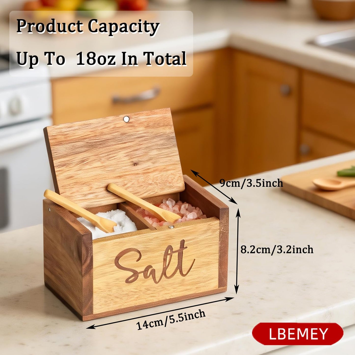 Acacia Wood Spice Box with Lid and Built-in Spoon for Kitchen Countertop, Rectangle Farmhouse Kitchen Decoror for Storing Salt, Peppers, Sugar or Seasonings, Brown (Labeled - “Salt”)