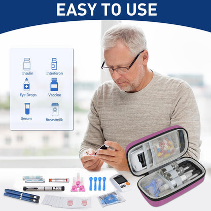Insulin Cooler Travel Case, Portable EVA Medicine Travel Cooler, Diabetes Case with 2 Reusable Ice Packs TSA Approved for Diabetic Supplies Patent Pending(Purple-No Temp)