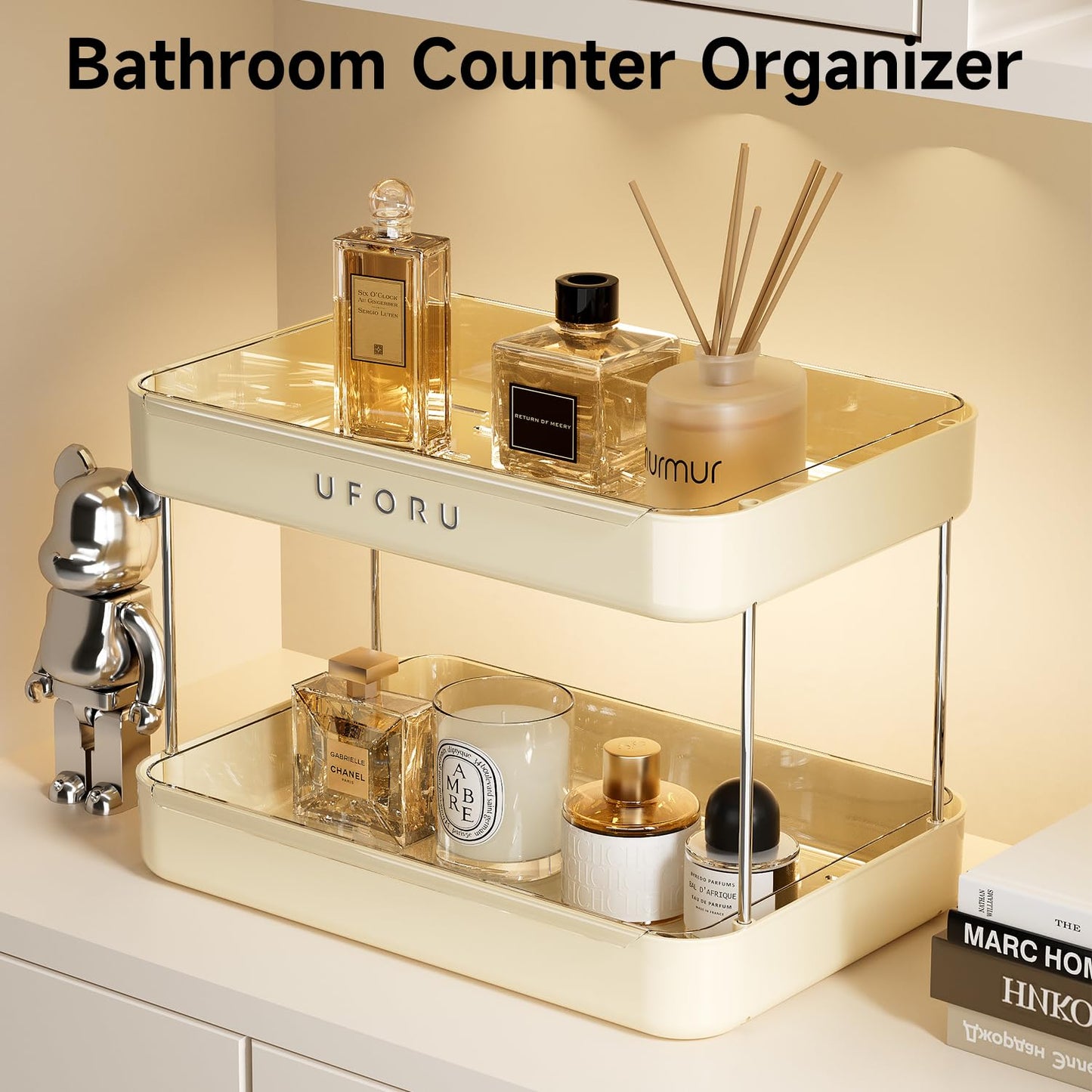UFORU Countertop Coffee Station Organizer, 2 Tier Wine Glass Holder, Mug Shelf with Removable Drain Tray, Spice Rack for Kitchen, Bathroom Countertop Organizer, Cream White