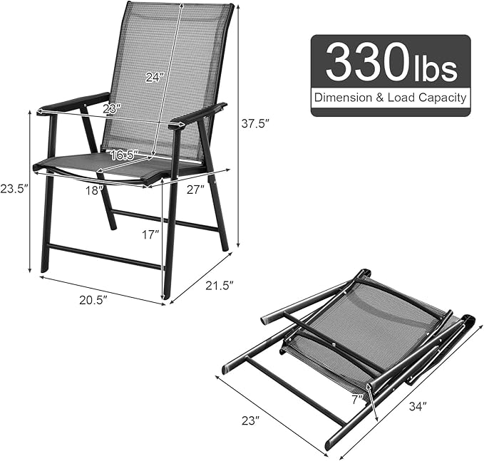 Giantex Set of 4 Folding Patio Chairs, Outdoor Portable Dining Chairs for Garden Camping Poolside Beach Deck Lawn, 4-Pack Sling Armchairs, Metal Frame, Grey